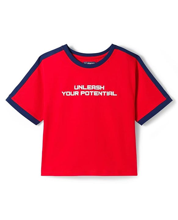 Pine Kids Single Jersey Knit Half Sleeves T-Shirt & Shorts Set with Unleash Your Potential Print & Tape Detailing - Red