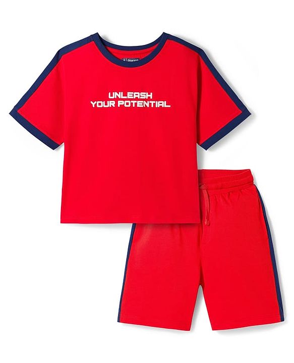 Pine Kids Single Jersey Knit Half Sleeves T-Shirt & Shorts Set with Unleash Your Potential Print & Tape Detailing - Red