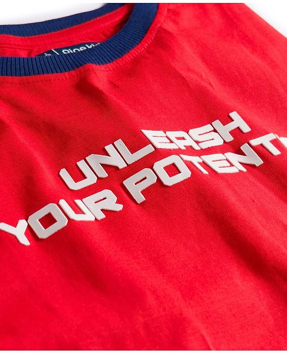 Pine Kids Single Jersey Knit Half Sleeves T-Shirt & Shorts Set with Unleash Your Potential Print & Tape Detailing - Red