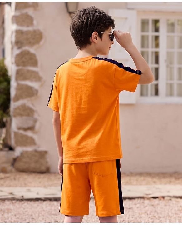 Pine Kids Single Jersey Knit Half Sleeves T-Shirt & Shorts Set with Text Print - Peach