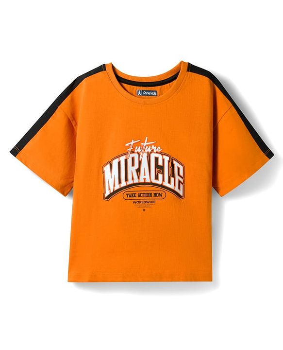 Pine Kids Single Jersey Knit Half Sleeves T-Shirt & Shorts Set with Text Print - Peach