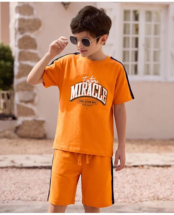 Pine Kids Single Jersey Knit Half Sleeves T-Shirt & Shorts Set with Text Print - Peach