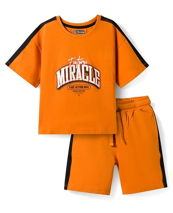 Pine Kids Single Jersey Knit Half Sleeves T-Shirt & Shorts Set with Text Print - Peach
