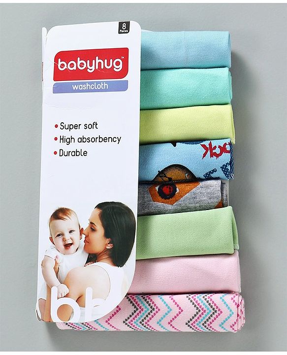 Babyhug Wash Clothes Plain & Printed Pack of 8 (Colour & Print May Vary)