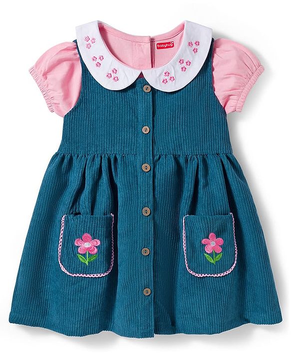 Babyhug 100% Cotton Woven Floral Embroidered Frock With Inner Tee - Navy Blue & Pink