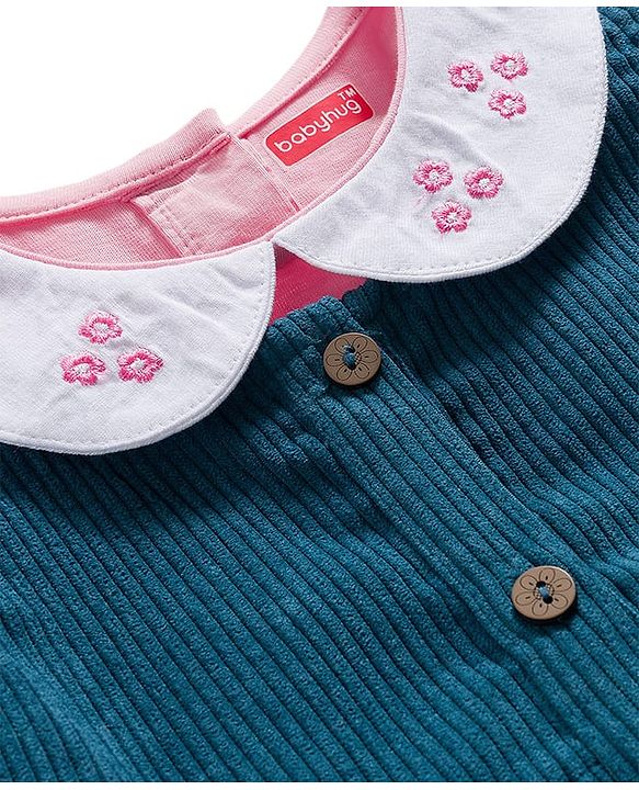 Babyhug 100% Cotton Woven Floral Embroidered Frock With Inner Tee - Navy Blue & Pink