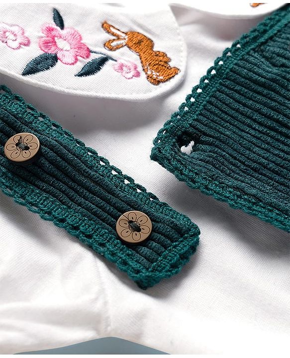 Babyhug 100% Cotton Woven Half Sleeves Knee Length Frock With Floral Embroidered Inner Tee - Green