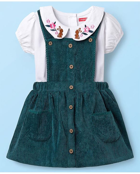 Babyhug 100% Cotton Woven Half Sleeves Knee Length Frock With Floral Embroidered Inner Tee - Green