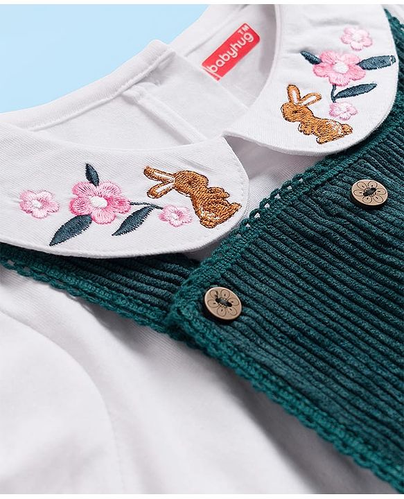 Babyhug 100% Cotton Woven Half Sleeves Knee Length Frock With Floral Embroidered Inner Tee - Green