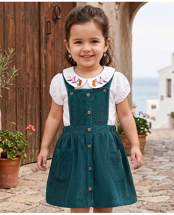 Babyhug 100% Cotton Woven Half Sleeves Knee Length Frock With Floral Embroidered Inner Tee - Green