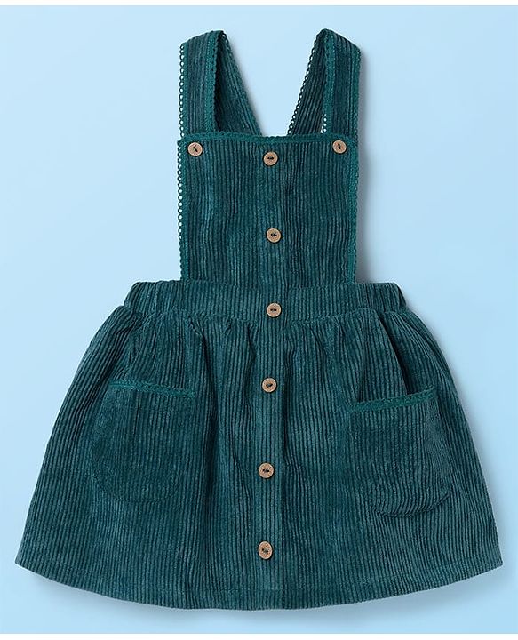 Babyhug 100% Cotton Woven Half Sleeves Knee Length Frock With Floral Embroidered Inner Tee - Green