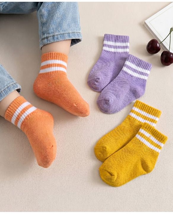 Cute Walk By Babyhug Knit Ankle Length Socks with Stripes Pack of 3 - Yellow Purple & Orange