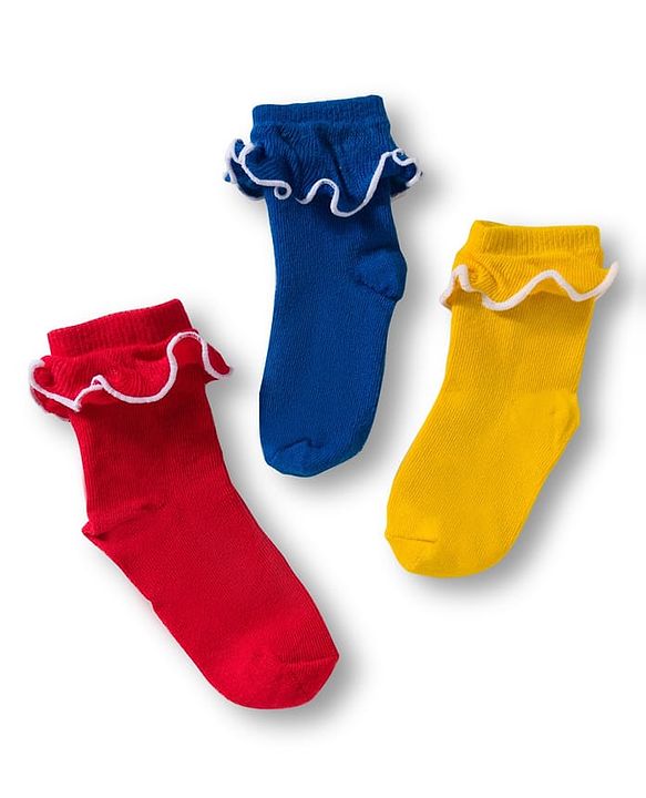 Cute Walk By Babyhug Ankle Length Solid Color Socks with Frill Detailing Pack of 3 - Red Blue & Yellow