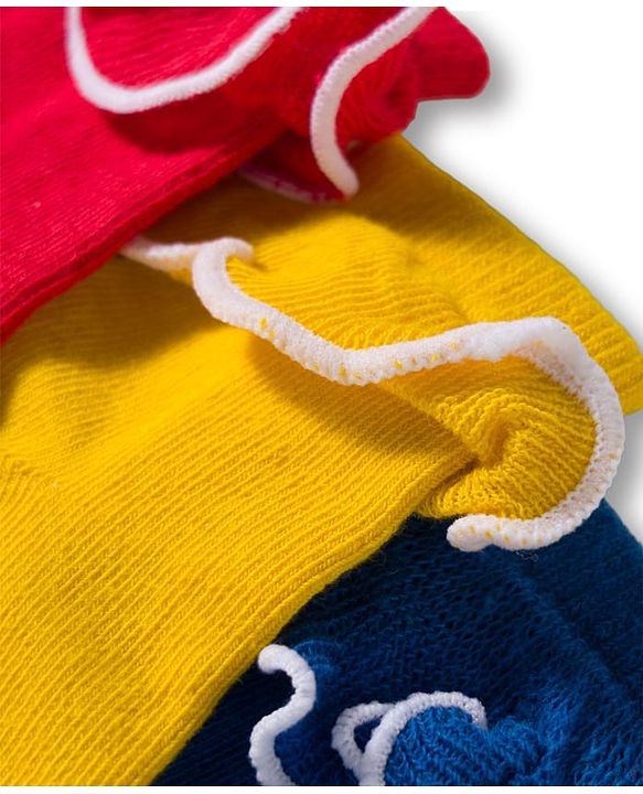 Cute Walk By Babyhug Ankle Length Solid Color Socks with Frill Detailing Pack of 3 - Red Blue & Yellow