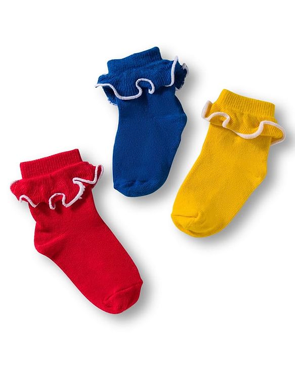 Cute Walk By Babyhug Ankle Length Solid Color Socks with Frill Detailing Pack of 3 - Red Blue & Yellow