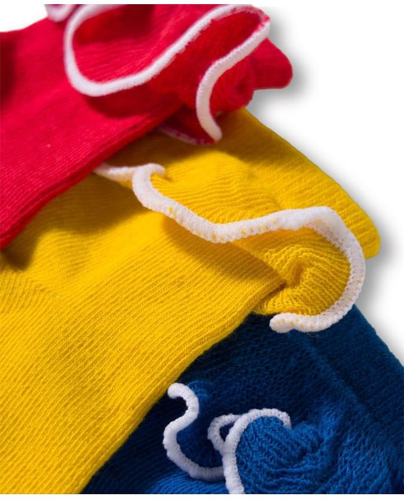 Cute Walk By Babyhug Ankle Length Solid Color Socks with Frill Detailing Pack of 3 - Red Blue & Yellow