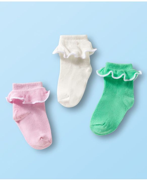 Cute Walk By Babyhug Ankle Length Solid Color Socks with Frill Detailing Pack of 3 - Green Pink & White