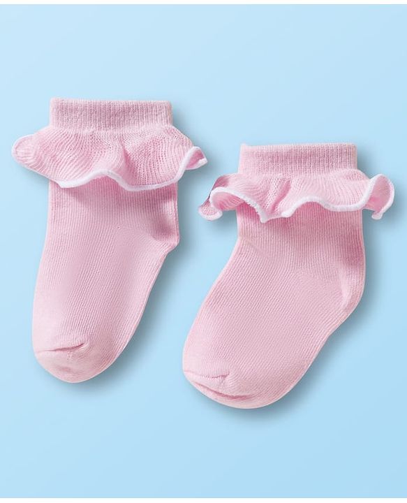 Cute Walk By Babyhug Ankle Length Solid Color Socks with Frill Detailing Pack of 3 - Green Pink & White