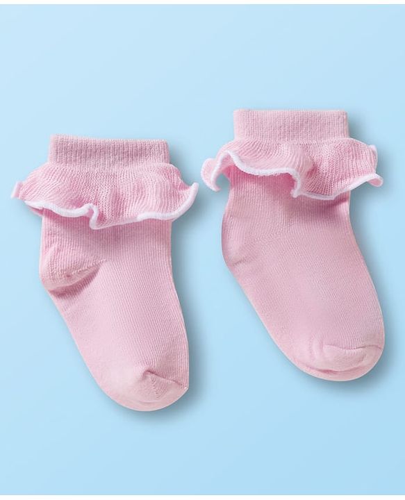 Cute Walk By Babyhug Ankle Length Solid Color Socks with Frill Detailing Pack of 3 - Green Pink & White