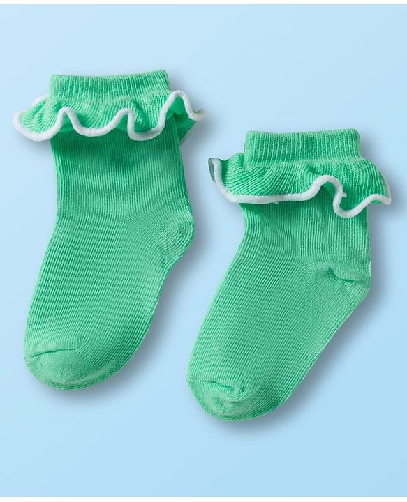 Cute Walk By Babyhug Ankle Length Solid Color Socks with Frill Detailing Pack of 3 - Green Pink & White