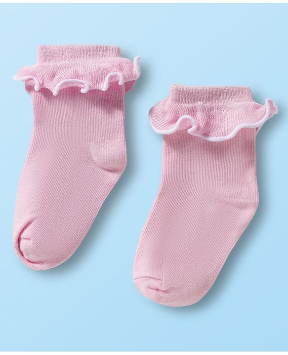 Cute Walk By Babyhug Ankle Length Solid Color Socks with Frill Detailing Pack of 3 - Green Pink & White
