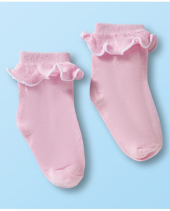 Cute Walk By Babyhug Ankle Length Solid Color Socks with Frill Detailing Pack of 3 - Green Pink & White