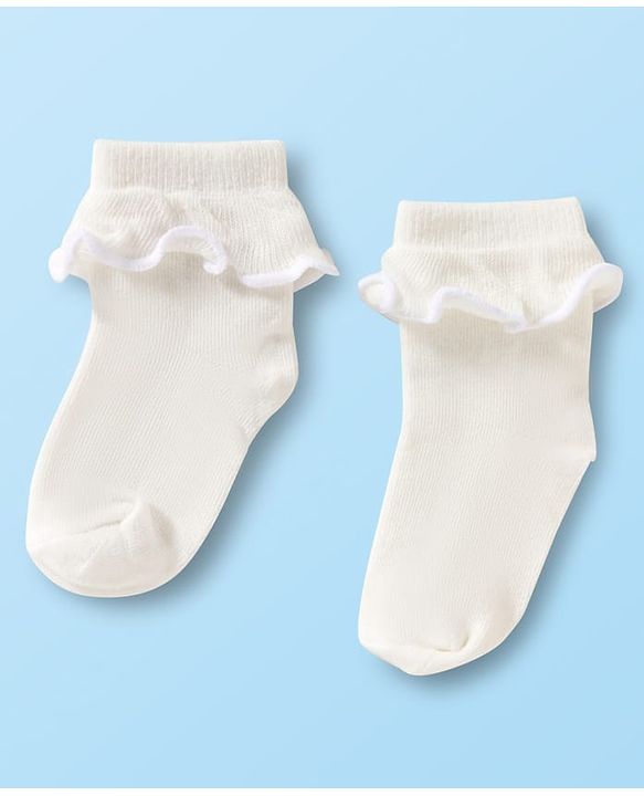 Cute Walk By Babyhug Ankle Length Solid Color Socks with Frill Detailing Pack of 3 - Green Pink & White