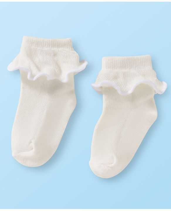 Cute Walk By Babyhug Ankle Length Solid Color Socks with Frill Detailing Pack of 3 - Green Pink & White