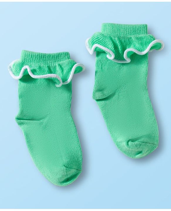 Cute Walk By Babyhug Ankle Length Solid Color Socks with Frill Detailing Pack of 3 - Green Pink & White