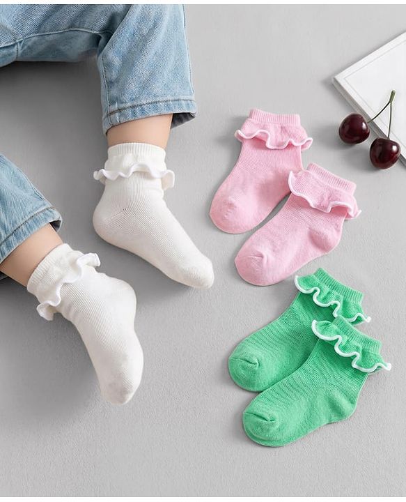 Cute Walk By Babyhug Ankle Length Solid Color Socks with Frill Detailing Pack of 3 - Green Pink & White