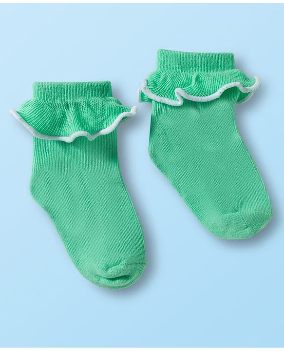 Cute Walk By Babyhug Ankle Length Solid Color Socks with Frill Detailing Pack of 3 - Green Pink & White