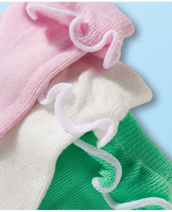 Cute Walk By Babyhug Ankle Length Solid Color Socks with Frill Detailing Pack of 3 - Green Pink & White
