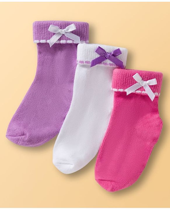Cute Walk By Babyhug Ankle Length Solid Color Socks Pack of 3 - White Pink & Purple