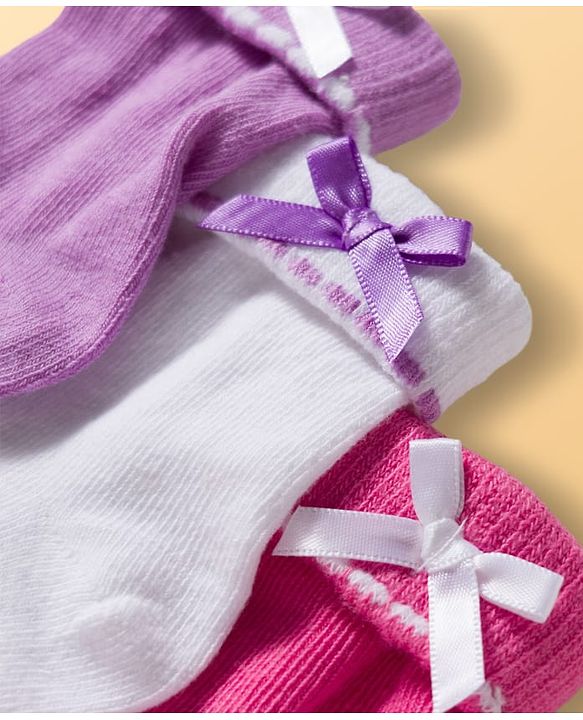 Cute Walk By Babyhug Ankle Length Solid Color Socks Pack of 3 - White Pink & Purple