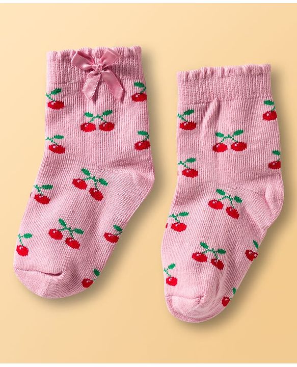 Cute Walk By Babyhug Knit Ankle Length Socks with Cherry Design Pack of 3 - Red Pink & White