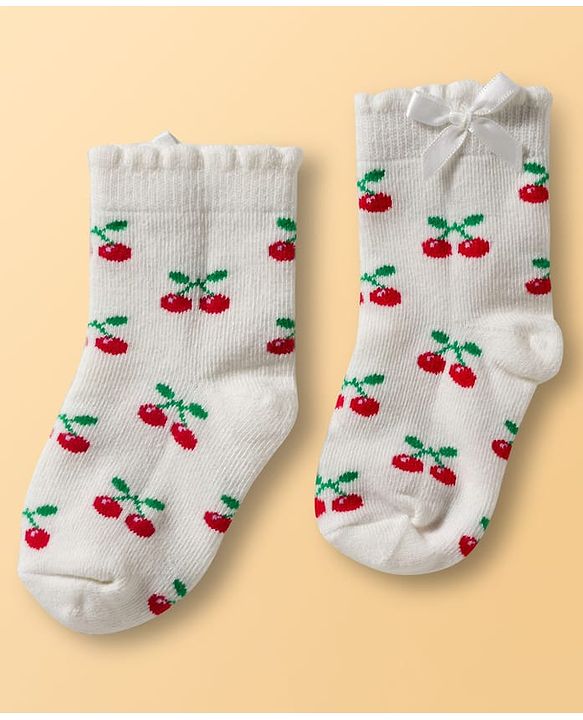Cute Walk By Babyhug Knit Ankle Length Socks with Cherry Design Pack of 3 - Red Pink & White