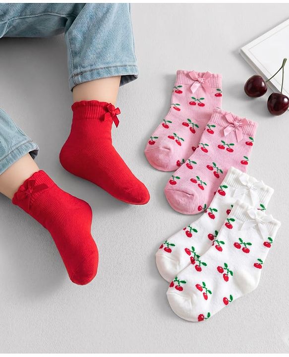 Cute Walk By Babyhug Knit Ankle Length Socks with Cherry Design Pack of 3 - Red Pink & White
