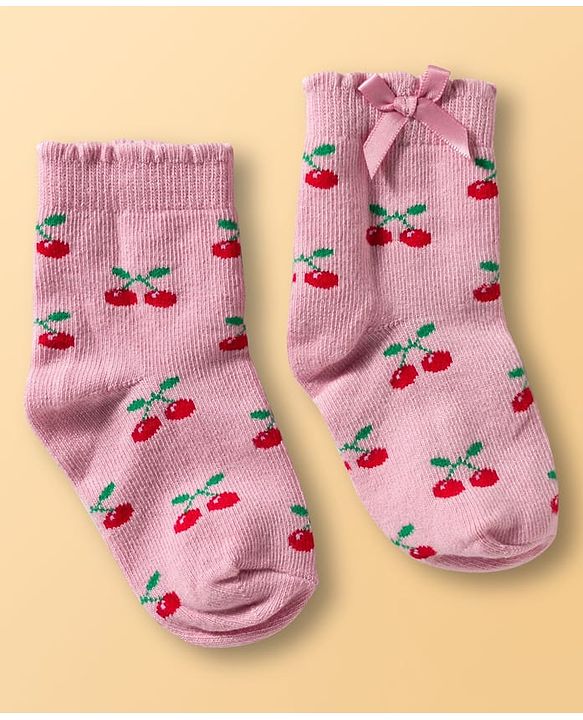 Cute Walk By Babyhug Knit Ankle Length Socks with Cherry Design Pack of 3 - Red Pink & White