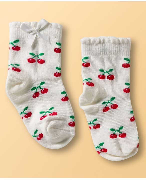 Cute Walk By Babyhug Knit Ankle Length Socks with Cherry Design Pack of 3 - Red Pink & White