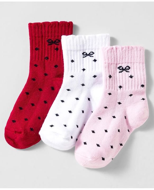 Cute Walk By Babyhug Knit Ankle Length Socks with Bow Design Pack of 3 - Red White & Pink