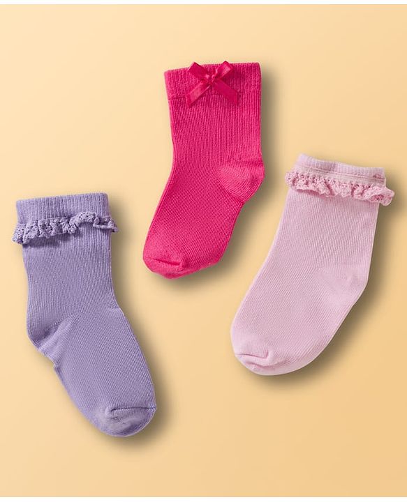 Cute Walk By Babyhug Ankle Length Solid Color Socks Pack of 3 - Multicolor