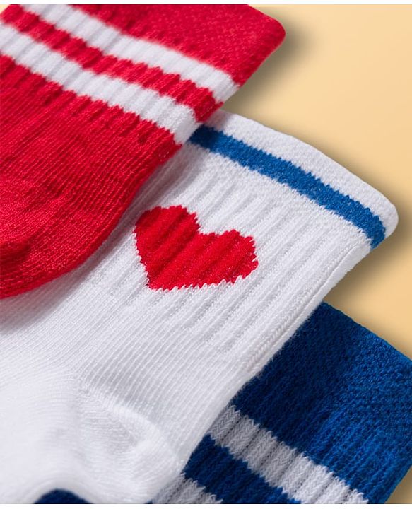 Cute Walk By Babyhug Ankle Length Solid Color Socks with Stripes Pack of 3 - Red White & Blue