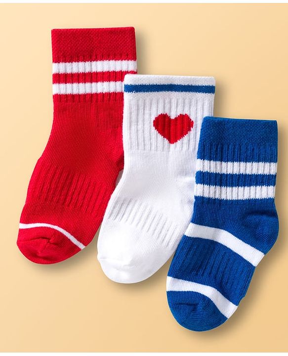 Cute Walk By Babyhug Ankle Length Solid Color Socks with Stripes Pack of 3 - Red White & Blue