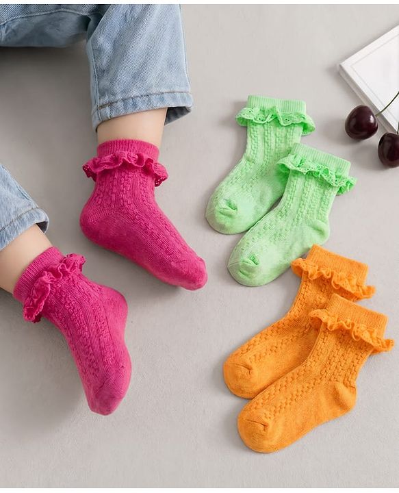 Cute Walk By Babyhug Ankle Length Socks with Cable Knit Design Pack of 3 - Pink Orange & Green