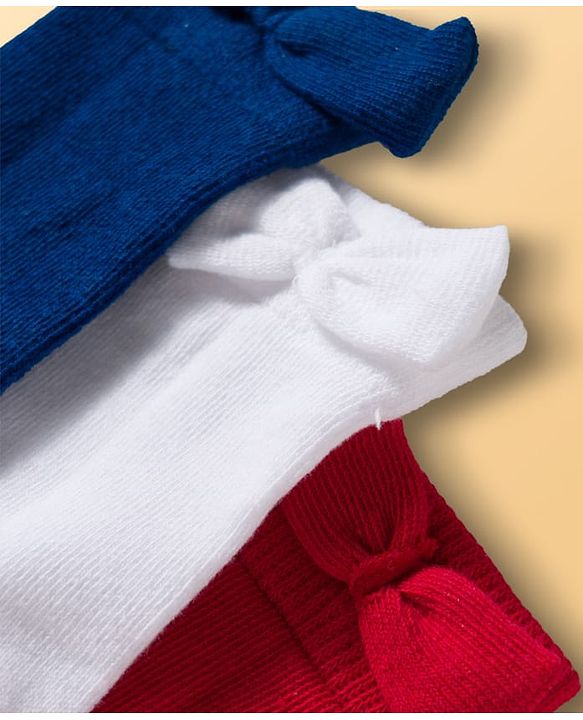 Cute Walk by Babyhug Ankle Length Solid Colour Socks with Bow Design Pack of 3 - Red White & Navy