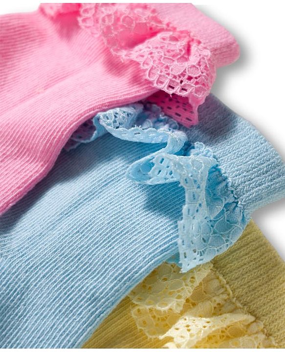 Cute Walk By Babyhug Ankle Length Solid Color Socks with Lace Detailing Pack of 3 - Yellow Light Blue & Pink