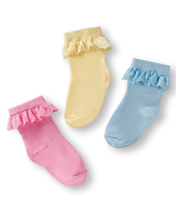 Cute Walk By Babyhug Ankle Length Solid Color Socks with Lace Detailing Pack of 3 - Yellow Light Blue & Pink