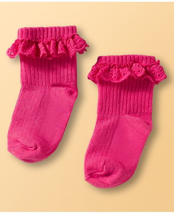 Cute Walk by Babyhug Ankle Length Solid Colour Socks with Lace  Design Pack of 3 - Pink White & Red