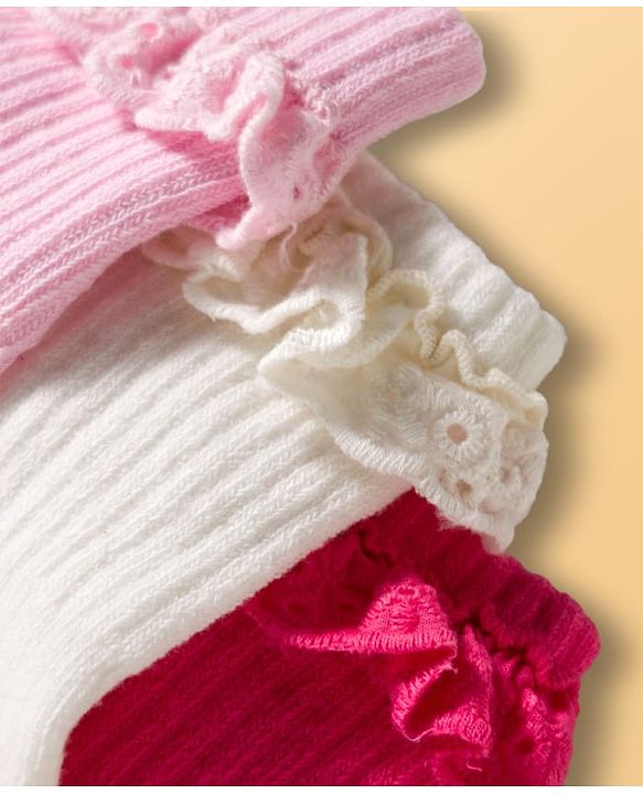Cute Walk by Babyhug Ankle Length Solid Colour Socks with Lace  Design Pack of 3 - Pink White & Red