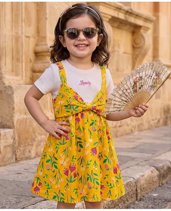 Babyhug 100% Cotton Knit Half Sleeves Floral Printed Frock - Yellow
